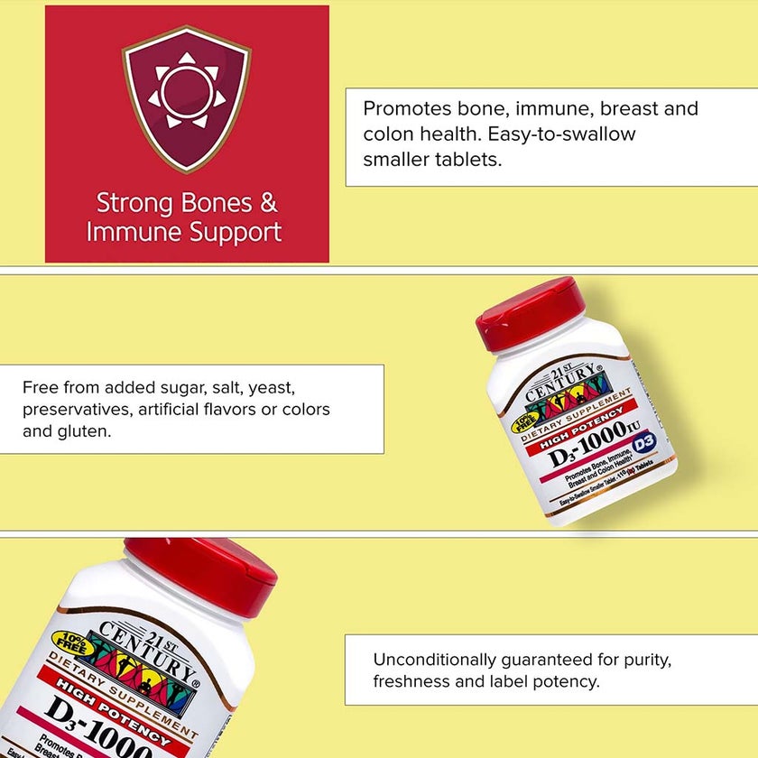 21st Century High Potency Vitamin D3-1000IU Tablets For Bone & Immune Health, Pack of 110's