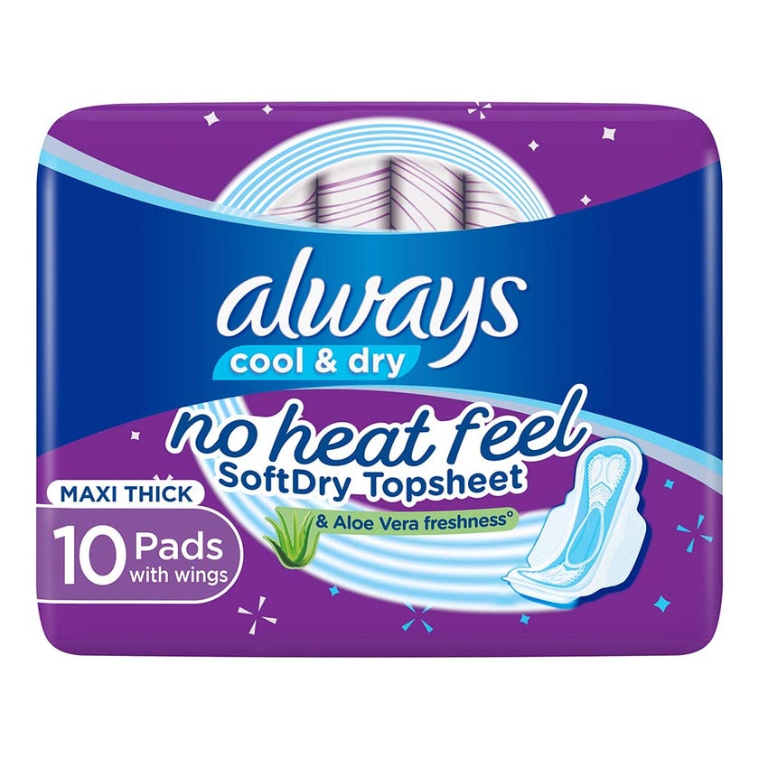 Always Cool & Dry, No Heat Feel, Maxi Thick, Large Sanitary Pads With Wings, Pack of 10's