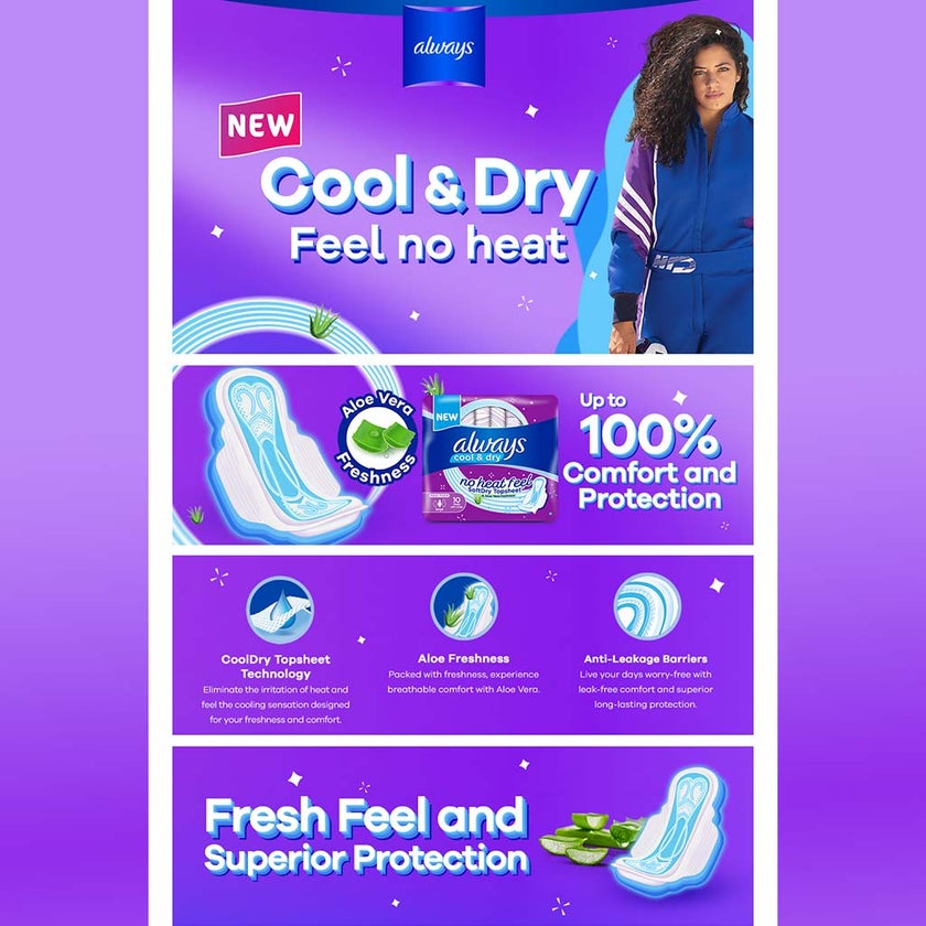 Always Cool & Dry, No Heat Feel, Maxi Thick, Large Sanitary Pads With Wings, Pack of 10's
