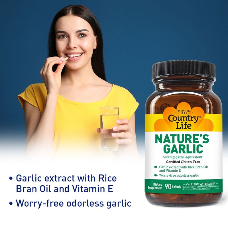 Country Life Nature's Garlic 500 mg Softgel With Rice Bran Oil & Vitamin E, Pack of 90's