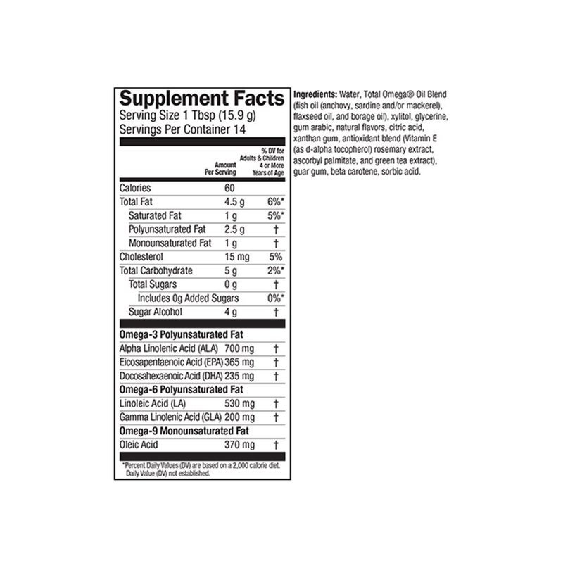 Barlean's 2400mg Total Omega 3 6 9 Flaxseed Oil, Borage Seed Oil, Fish Oil Supplement Liquid - Fruit Flavour, 227g