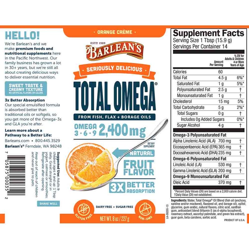 Barlean's 2400mg Total Omega 3 6 9 Flaxseed Oil, Borage Seed Oil, Fish Oil Supplement Liquid - Fruit Flavour, 227g
