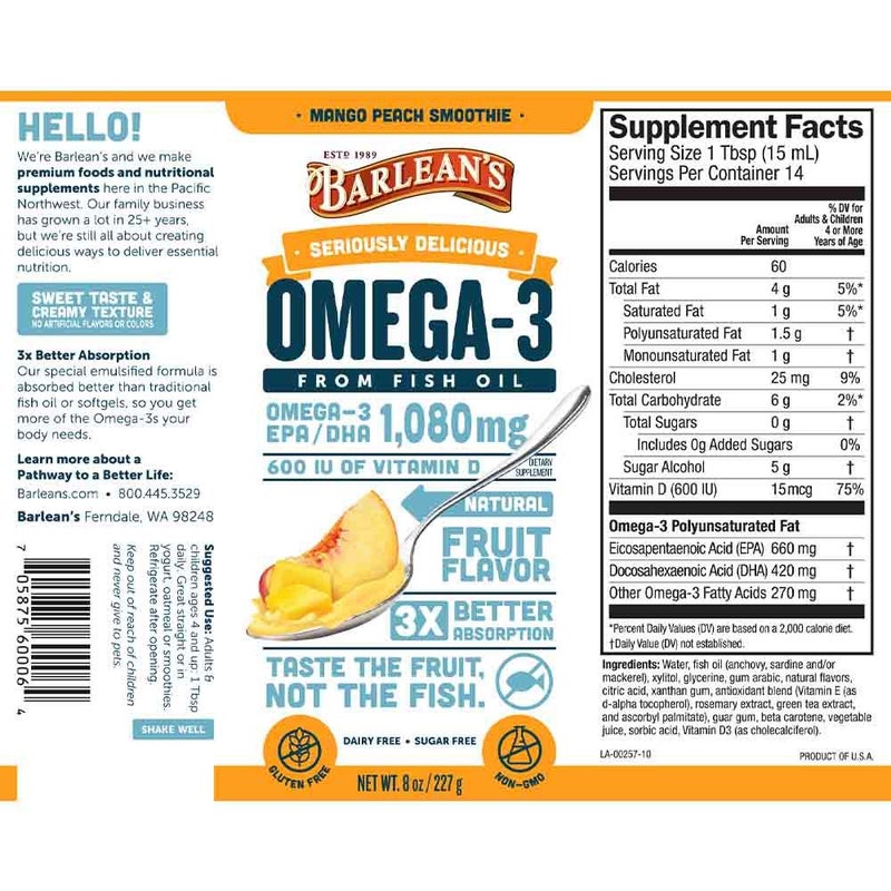Barlean's Omega 3 1080mg Fish Oil Supplement Liquid - Mango Peach Smoothie Flavour 227g