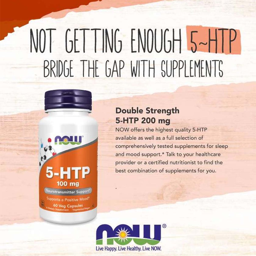 Now 5-HTP 100mg Vegetarian Capsules For Positive Mood & Neurotransmitter Support, Pack of 60's
