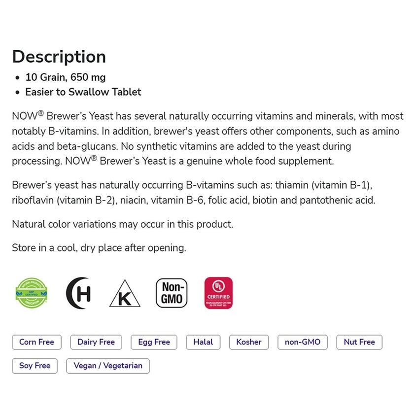 Now Brewer's Yeast 650mg Nutritional Supplement Tablets For Healthy Digestion, Pack of 200's