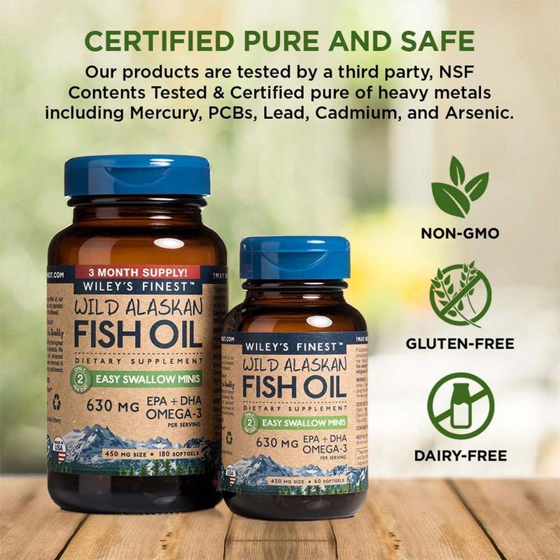 Wiley's Finest Easy Swallow Minis 630mg Omega 3 Fish Oil Supplement Softgels, Pack of 60's