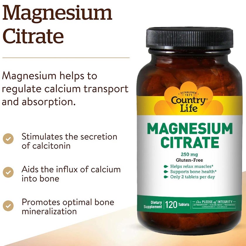 Country Life Gluten-Free Magnesium Citrate 250mg Tablets For Bone & Muscle Health, Pack of 120's