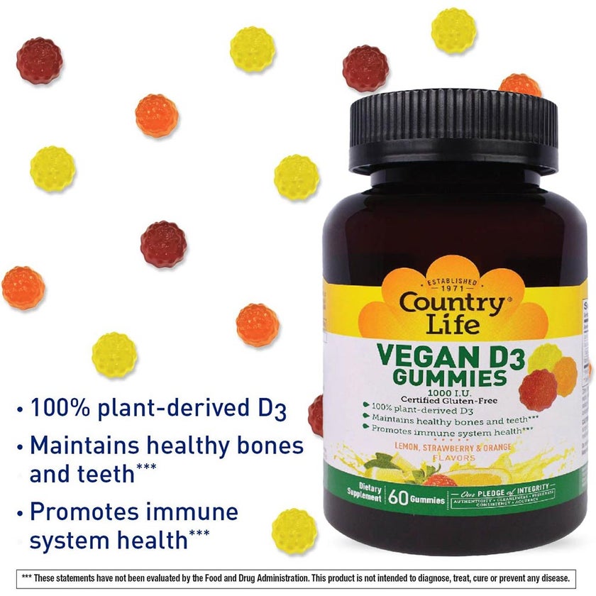 Country Life Vegan D3 1000IU Gummies For Bone, Teeth & Immune Health, Pack of 60's