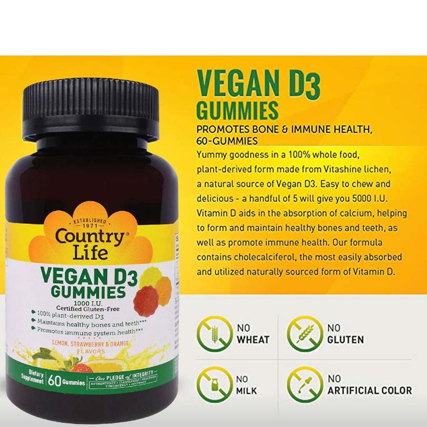 Country Life Vegan D3 1000IU Gummies For Bone, Teeth & Immune Health, Pack of 60's