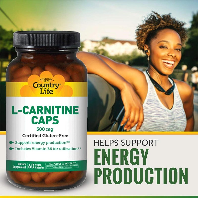 Country Life L-Carnitine 500 mg Vegan Capsule Supplement For Energy Support, Pack of 60's