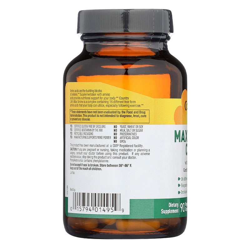 Country Life Max-Amino With Vitamin B6 Vegetarian Capsules For Muscle Recovery, Pack of 90's