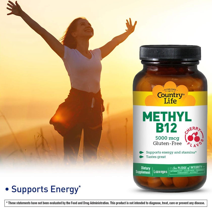 Country Life Methyl B12 5000mcg Cherry Flavor Lozenges For Energy Support, Pack of 60's