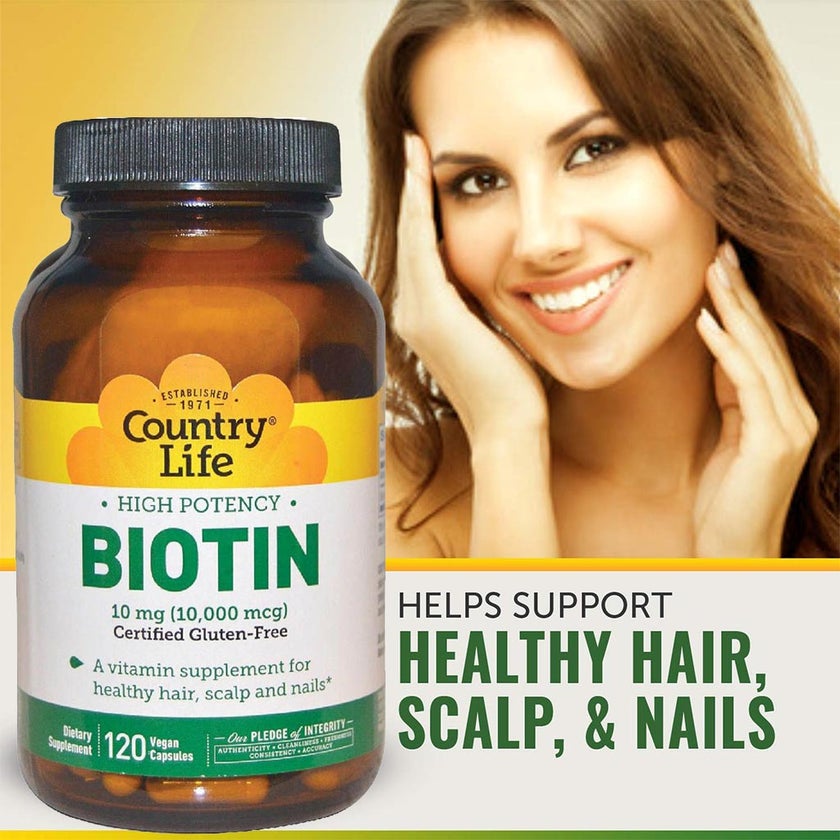 Country Life Biotin 10mg Gluten-Free Vegan Capsules For Hair, Scalp & Nails, Pack of 120's