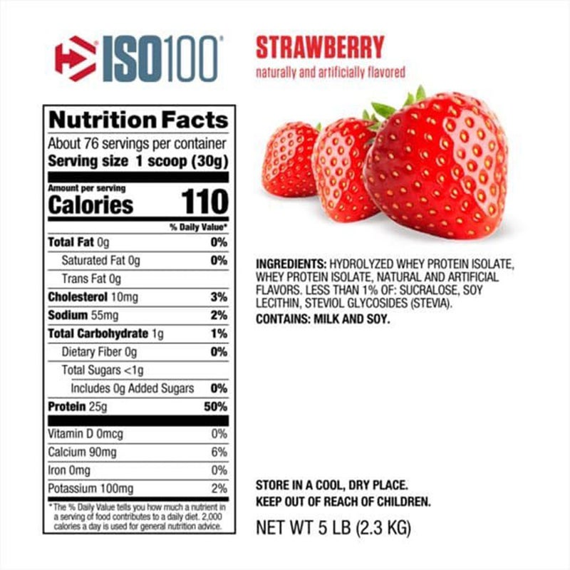Dymatize ISO 100 Fast Absorbing Protein Powder, 100% Whey Protein Isolate, Strawberry, 2.3kg