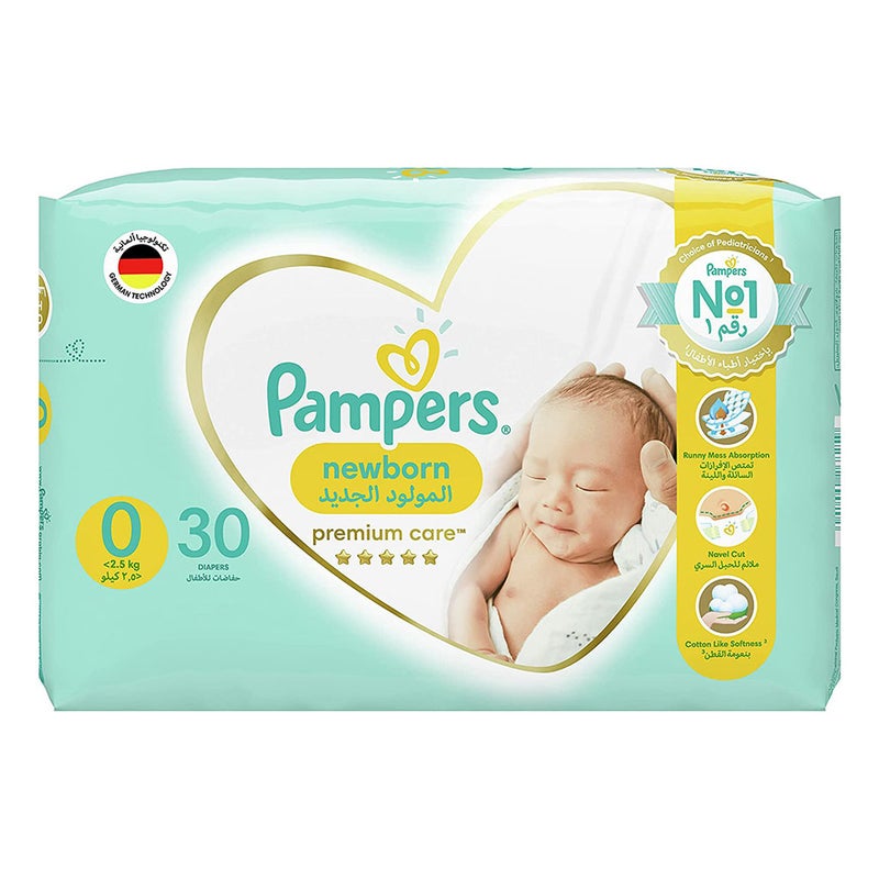 Pampers Premium Care Newborn Diapers, Size 0, For Below 2.5Kg, Pack of 30's