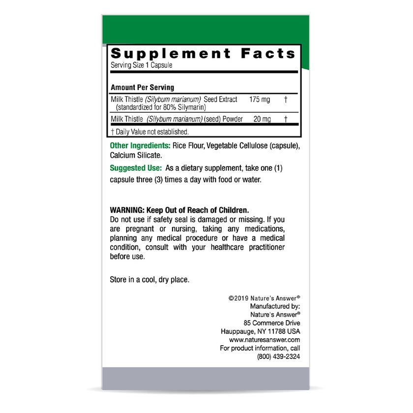 Nature's Answer Milk Thistle Seed Standardized Vegan Capsules For Detox & Liver Function, Pack of 120's
