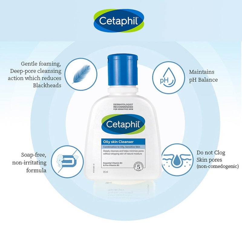 Cetaphil Oily Skin Cleanser, Foaming Face & Body Wash for Men & Women With Combination to Oily and Sensitive Skin, Unscented, 125ml