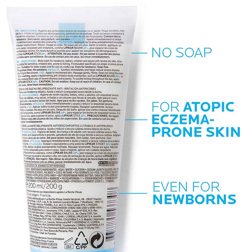 La Roche-Posay Lipikar Syndet AP+ Body Wash For Extremely Dry Atopic Eczema-Prone Skin 200ml