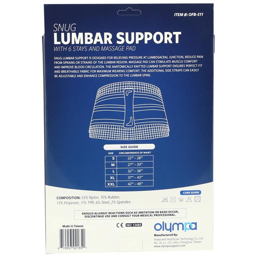 Olympa Snug Lumbar Support with 6 Stays and Massage Pad Cool Grey Extra Large OFB-511