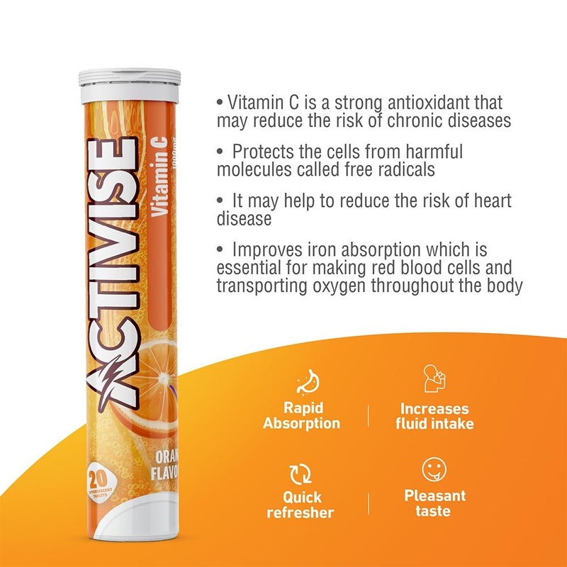 Activise Vitamin C 1000mg Effervescent Tablets, Orange Flavor, Pack of 20's