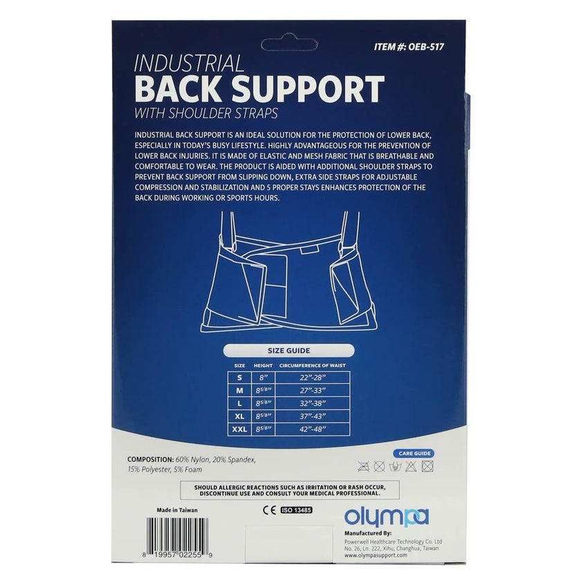 Olympa Industrial Back Support with Shoulder Straps Black Extra Extra Large OEB517