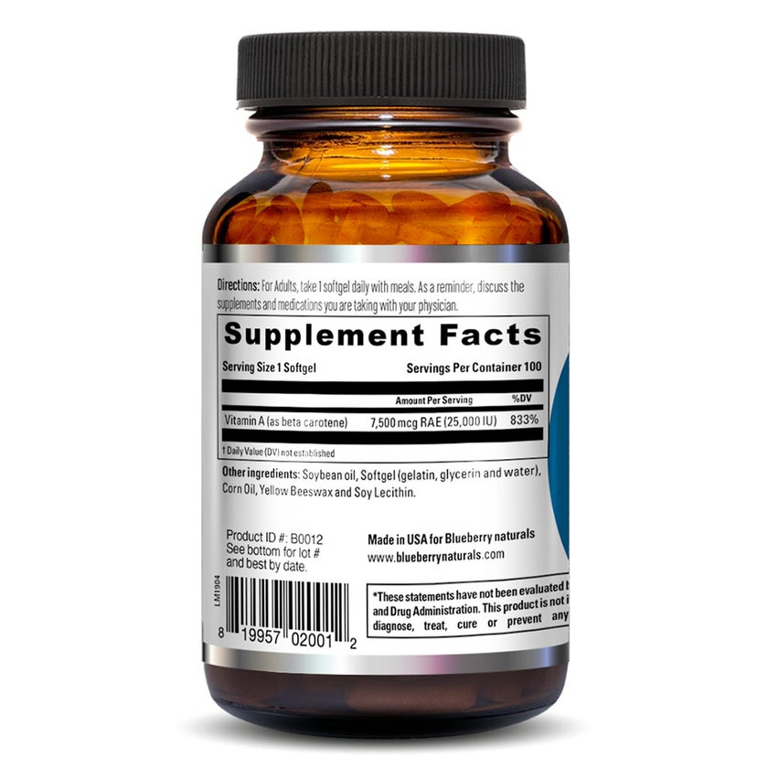Blueberry Naturals Betacarotene 25,000IU Softgels, Pack of 100's - B0012
