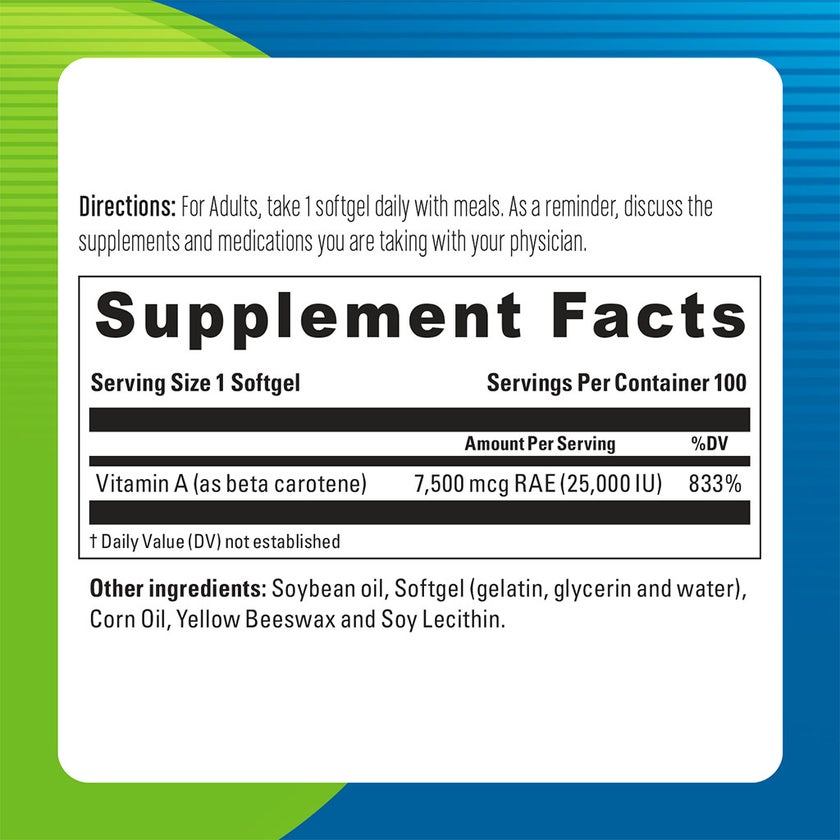 Blueberry Naturals Betacarotene 25,000IU Softgels, Pack of 100's - B0012