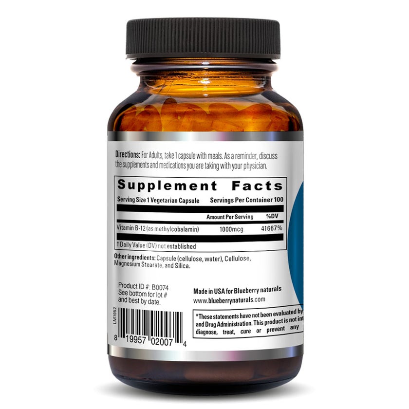 Blueberry Naturals Super B12 1000 mcg Vegetarian Capsules, Pack of 100's - B0074