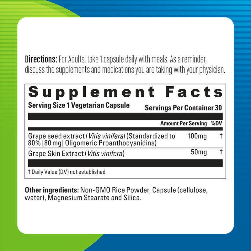 Blueberry Naturals Grape Seed Extract 100mg Vegetarian Capsules, Pack of 30's