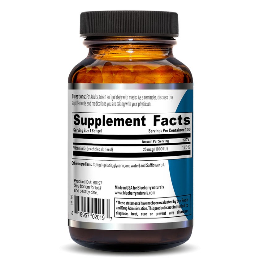 Blueberry Naturals Vitamin D3 1000IU Softgels, Pack of 100's