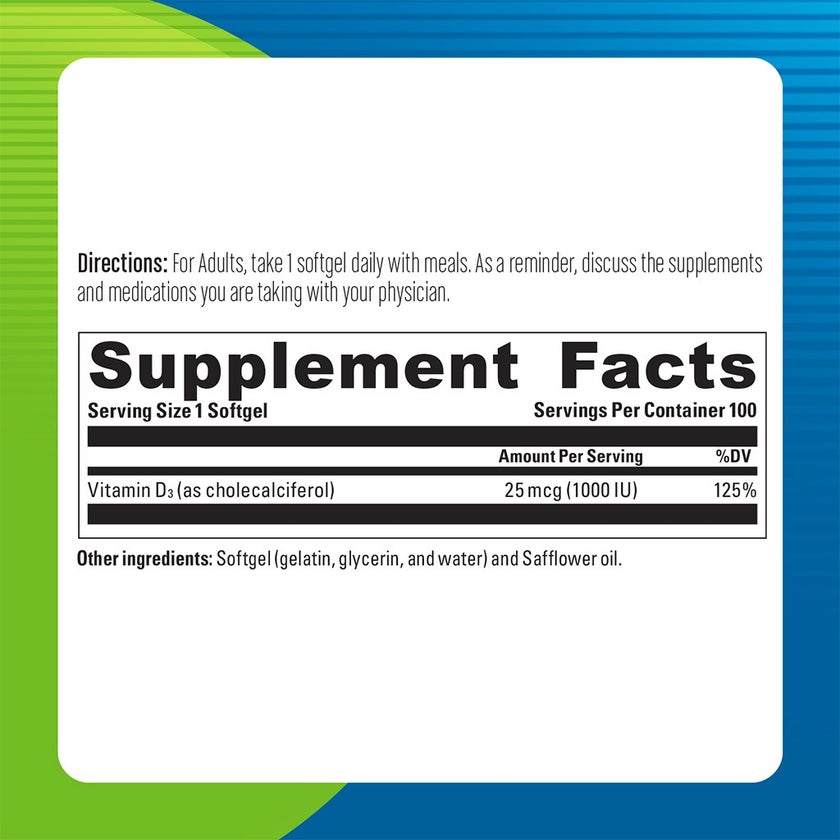 Blueberry Naturals Vitamin D3 1000IU Softgels, Pack of 100's