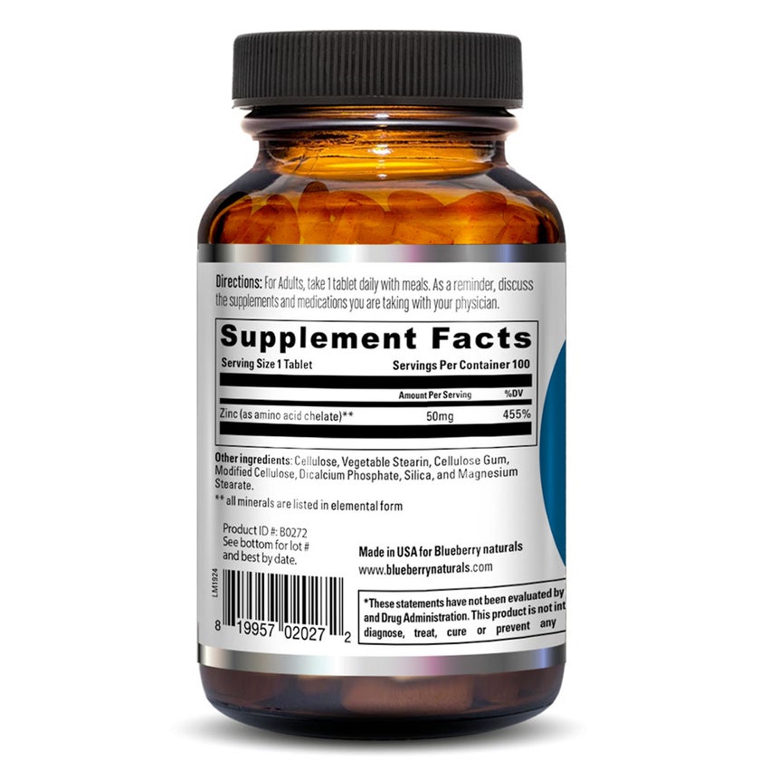 Blueberry Naturals Chelated Zinc 50mg Tablets, Pack of 100's - B0272