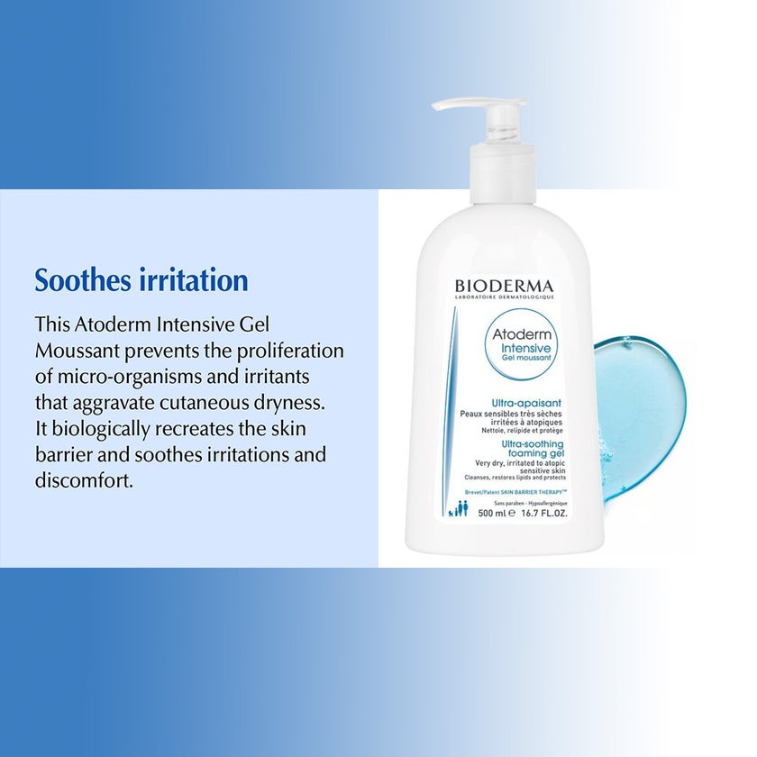 Bioderma Atoderm Intensive Gel Moussant, Foaming Gel Cleanser For Dry Skin & Atopic Sensitive Skin 500ml - myAster