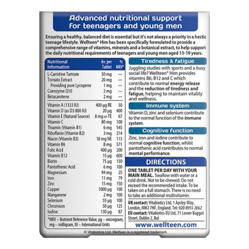 Vitabiotics Wellteen HIM Multivitamin Tablets, Pack of 30's