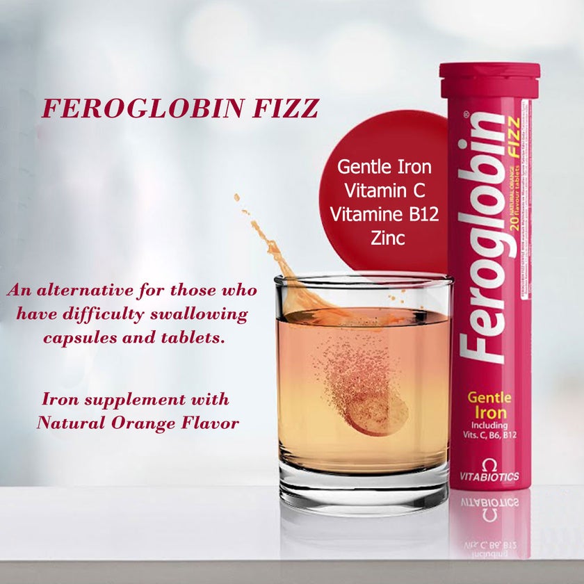 Vitabiotics Feroglobin Fizz Gentle Iron Effervescent Tablets For Energy Support, Pack of 20's