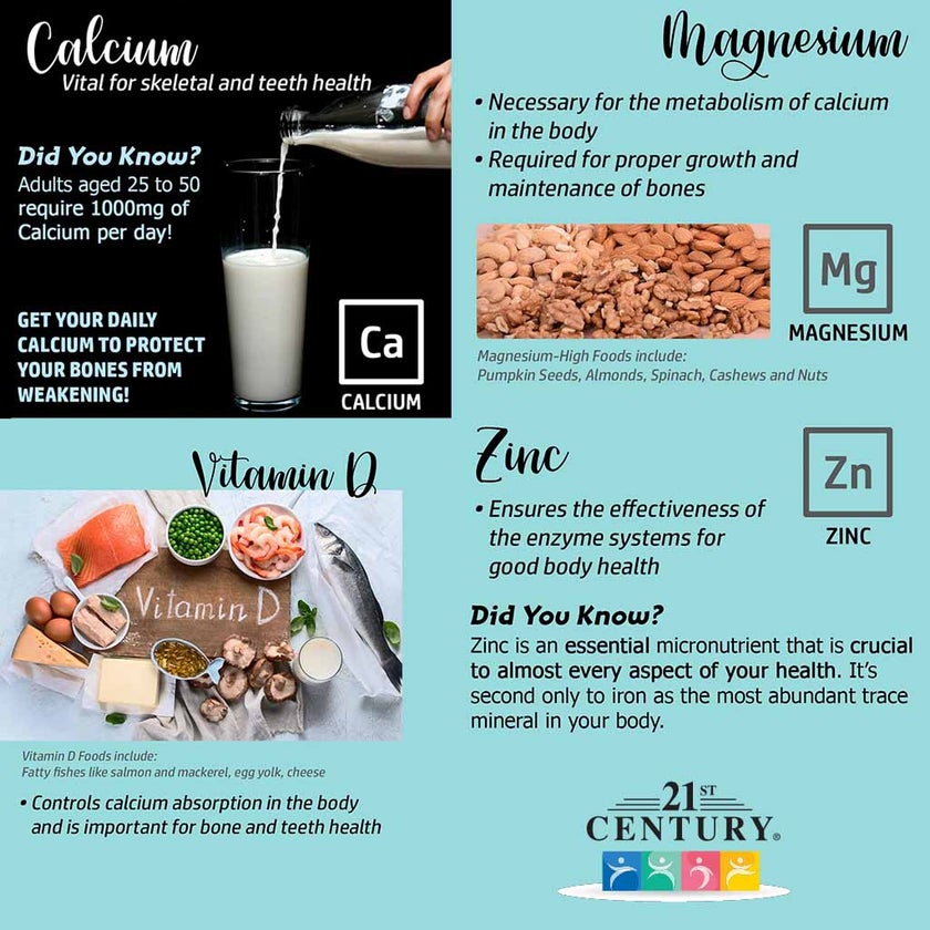 21st Century Calcium, Magnesium, Zinc & Vit D Tablets, Pack of 90's
