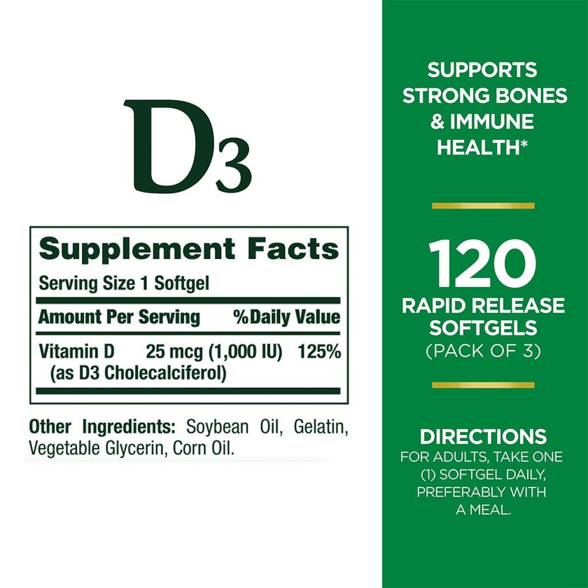 Nature's Bounty Vitamin D3 1000IU Softgels, Pack of 120's