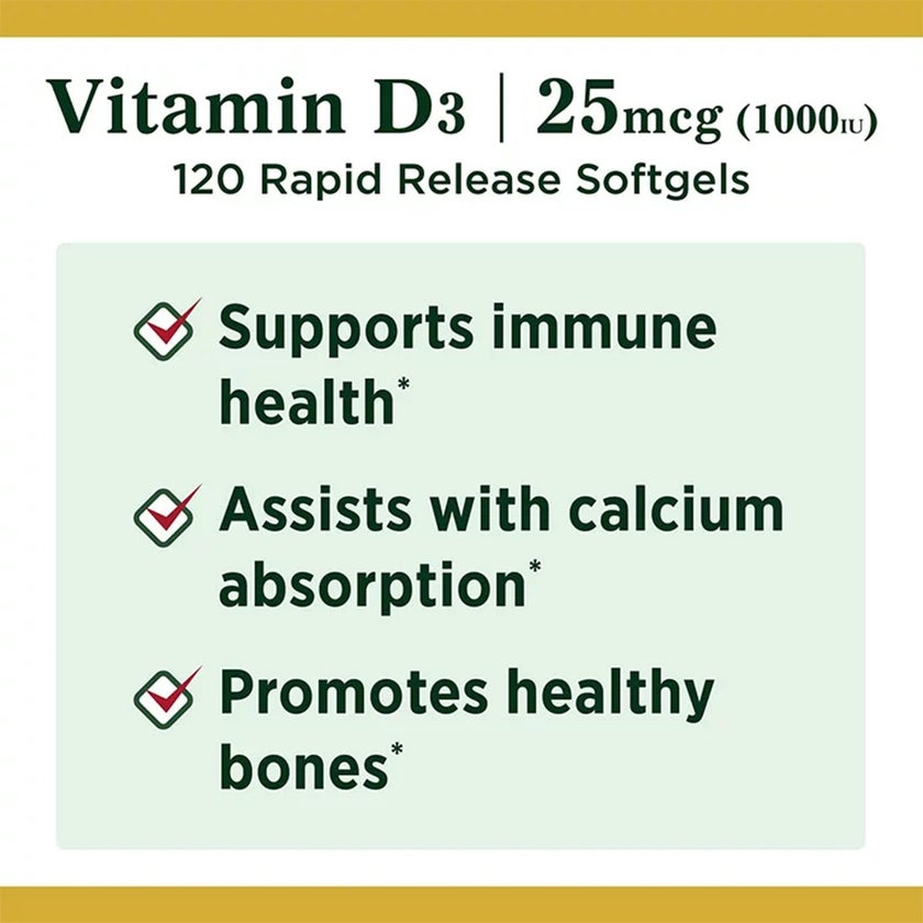 Nature's Bounty Vitamin D3 1000IU Softgels, Pack of 120's