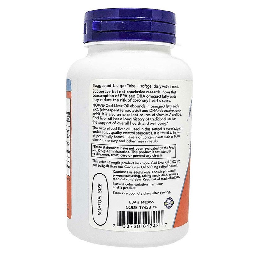 Now Extra Strength 1000mg Cod Liver Oil Softgels, Pack of 90's