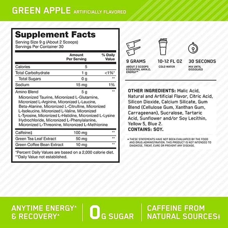 Optimum Nutrition Amino Energy For Energy & Muscle Recovery - Green Apple, 270g - 30 Servings