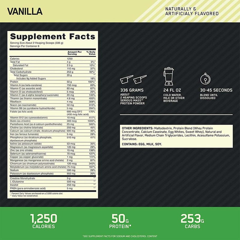 Optimum Nutrition Serious Mass Vanilla Flavor Protein Powder 6lb