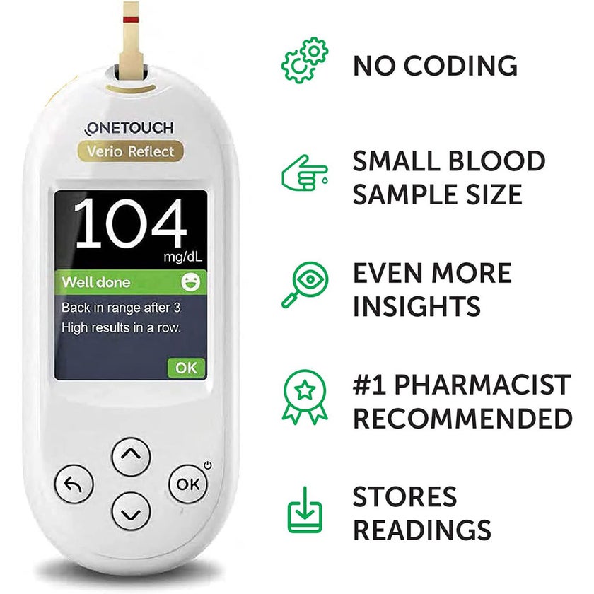 OneTouch Verio Reflect Blood Glucose Monitoring System + OneTouch Verio Test Strips 50's + OneTouch Delica Plus Lancets 100's - Offer Pack