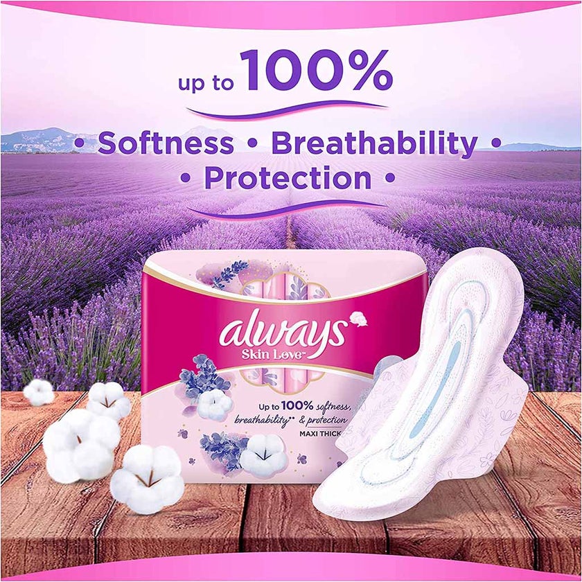 Always Skin Love Maxi Thick & Large Sanitary Pads With Lavender Freshness, Pack of 24's