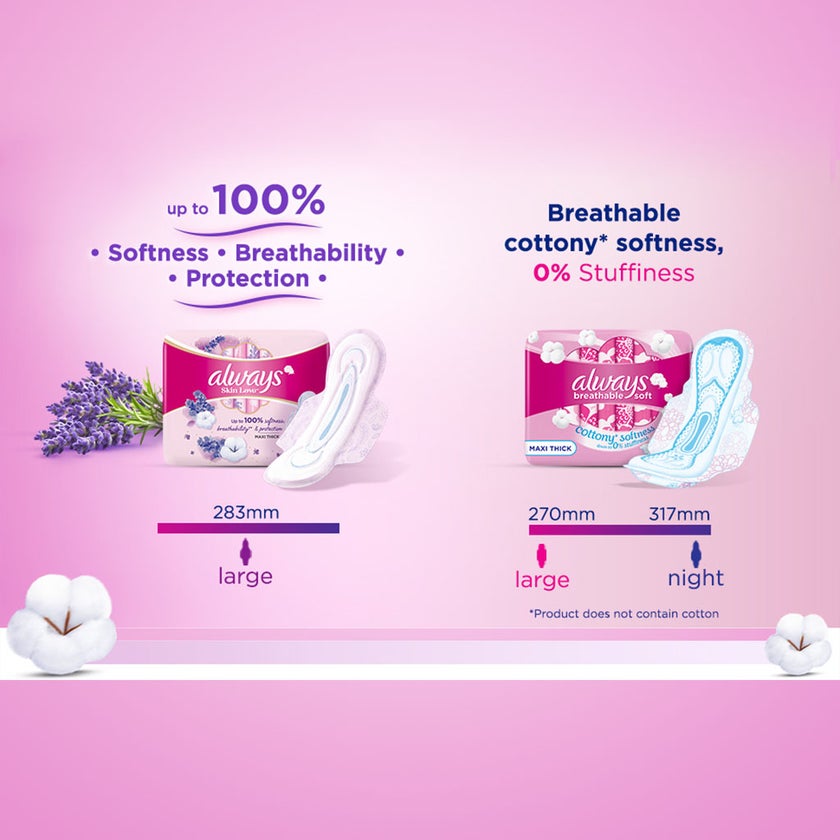 Always Skin Love Maxi Thick & Large Sanitary Pads With Lavender Freshness, Pack of 24's