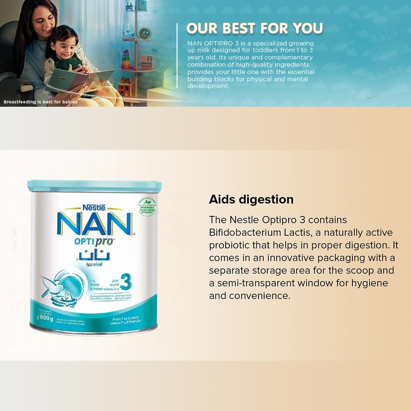 Nestle NAN Optipro Stage 3 Toddlers Milk Formula For 1 To 3 Years 800g
