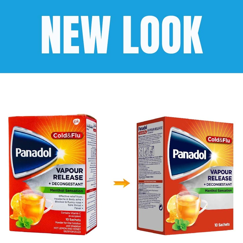 Panadol Cold & Flu Vapour Release + Decongestant Sachets With Hot Lemon & Honey, Menthol Sensation, Pack of 10's