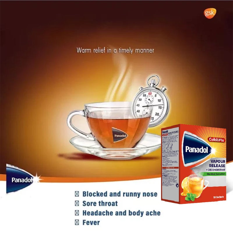 Panadol Cold & Flu Vapour Release + Decongestant Sachets With Hot Lemon & Honey, Menthol Sensation, Pack of 10's