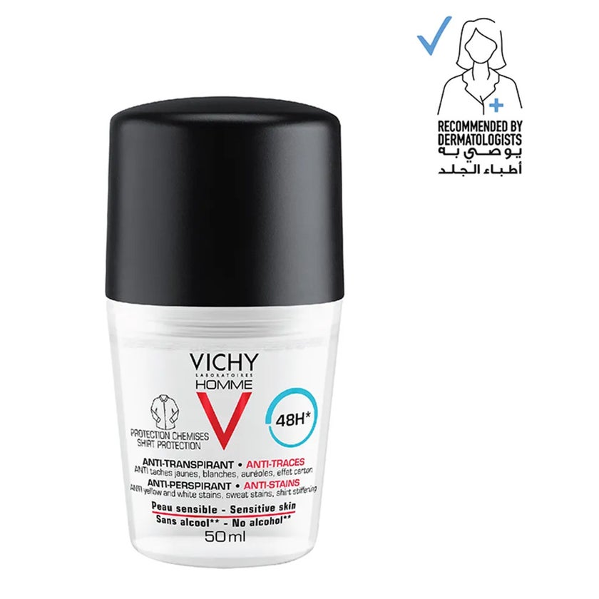 Vichy Homme 48 Hour Anti-Perspirant, Anti-Stain Alcohol Free Deodorant Roll On 50ml