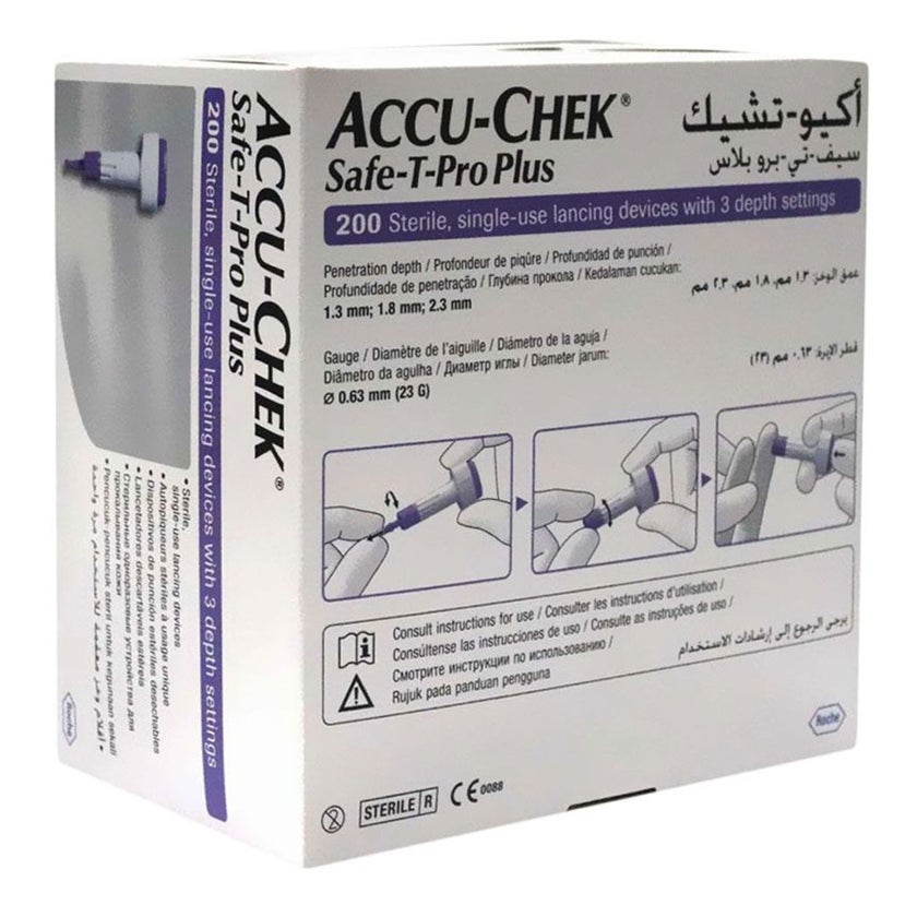 Accu-Chek Safe-T-Pro Plus Sterile Single Use Lancets With 3 Depth Settings, For Neonates, Children & Adults, Pack of 200's
