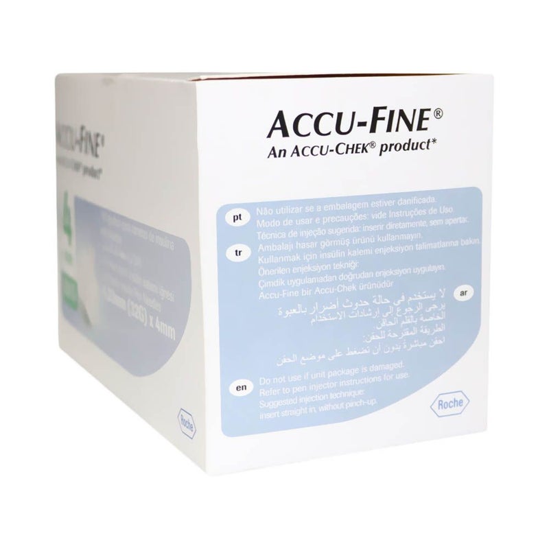 Accu-Fine Sterile Insulin Pen Needles For Diabetes & Painless Insulin Delivery 32 G x 4 mm, Pack of 100's